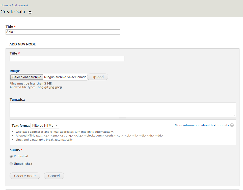 Formulario Sala 1 creando Curso