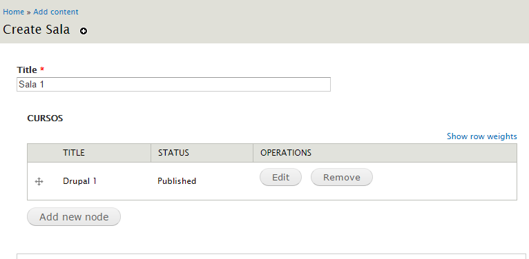 Formulario Sala 1 con un curso creado