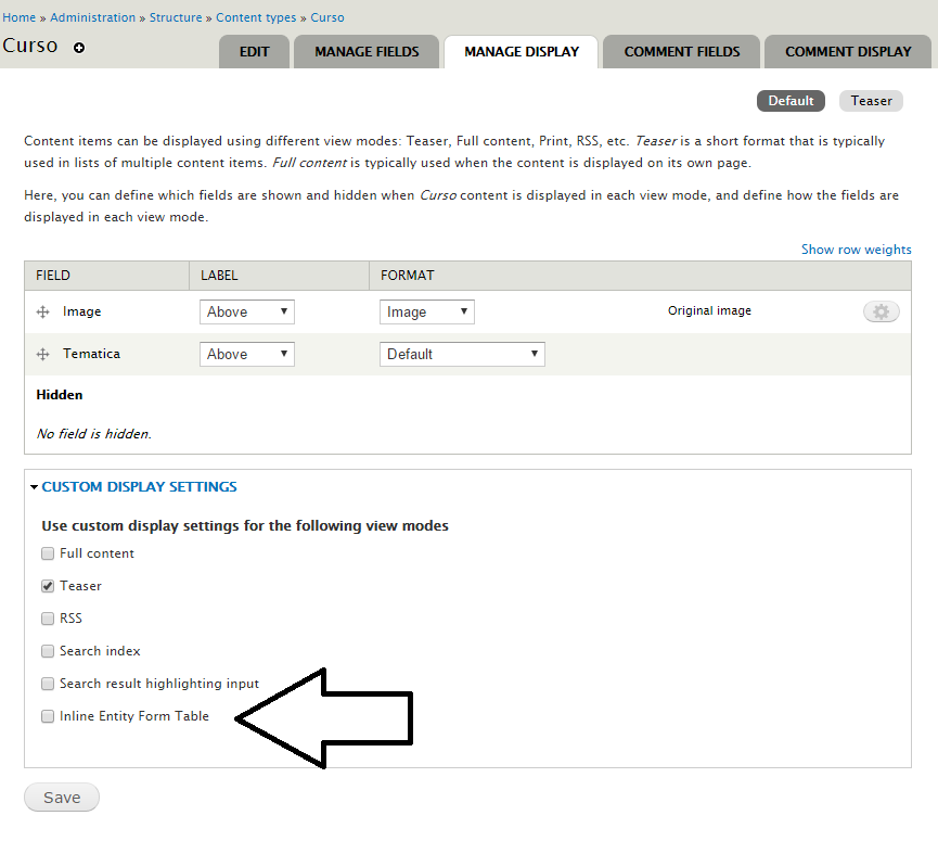Manage Display de Curso